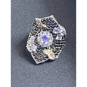 Signed STS 925 Sterling Silver Butterfly Ring Purple Black Gemstones Size 5.25
